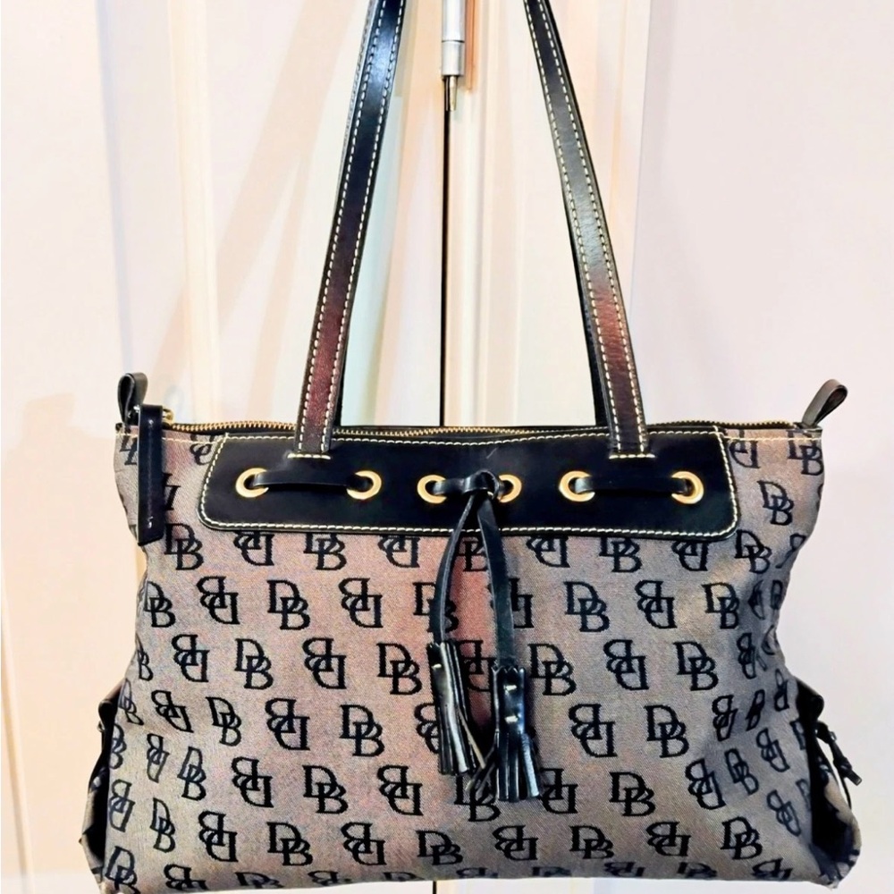 Dooney & Bourke Black and Tan Monogram Shoulder Bag-14”x9”